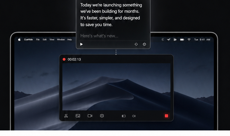 CueHide floating teleprompter above a clean Mac recording preview