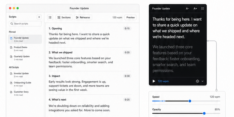 CueHide script editor, floating prompt, and speed controls
